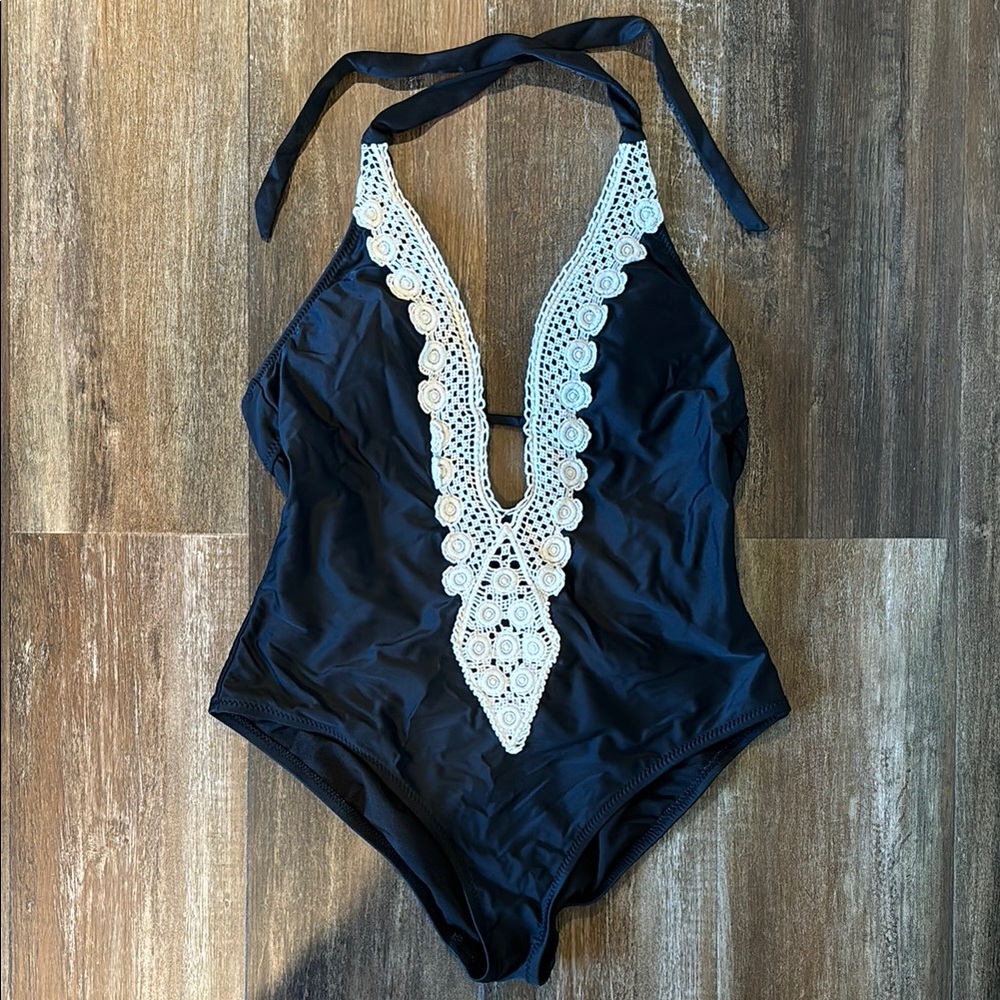 Plunge Halter Swimsuit w/ Lace Detail